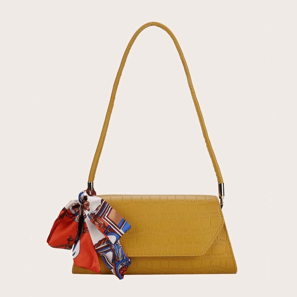 

Twilly Scarf Decor Croc Embossed Shoulder Bag, Yellow