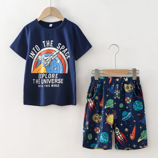

Boys Slogan And Cartoon Graphic Tee & Shorts, Navy blue