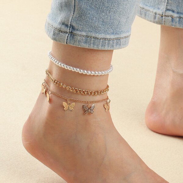 

3pcs Faux Pearl Decor Anklet, Multicolor