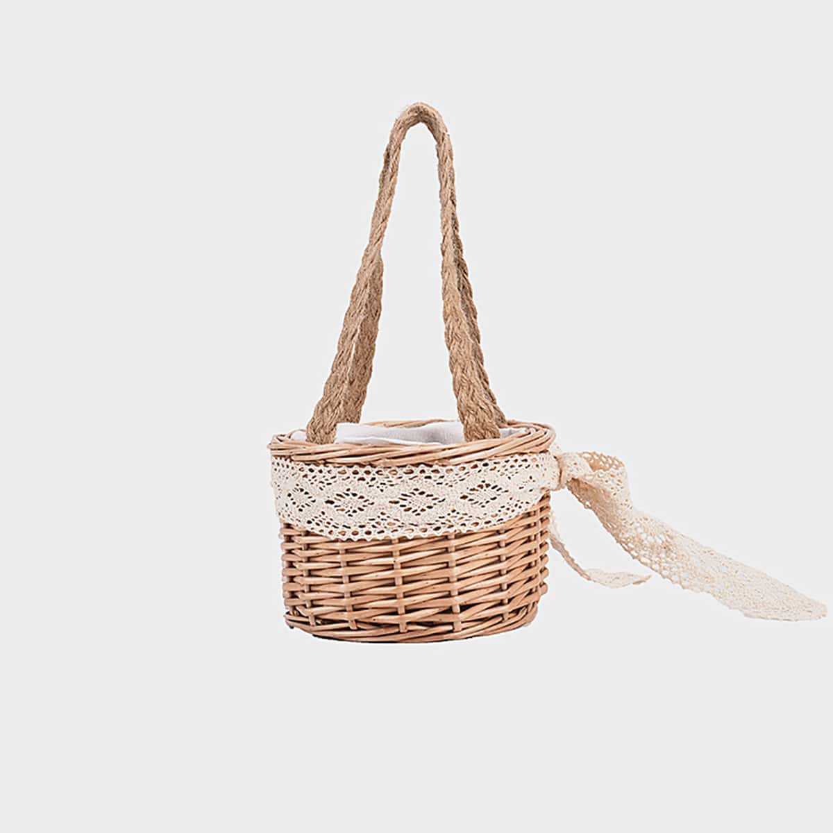 

Lace Knot Straw Bucket Bag, Beige