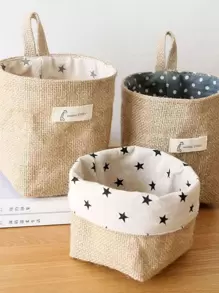 1pc Random Hanging Storage Basket, Khaki Linen Storage Bag For Home - Multicolor - View 1