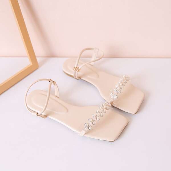 

Faux Pearl Decor Strappy Sandals, Beige