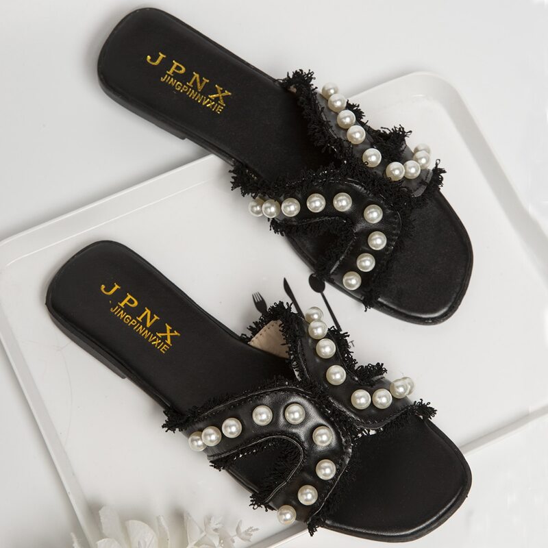 

Faux Pearl Tassel Trim Slide Sandals, Black