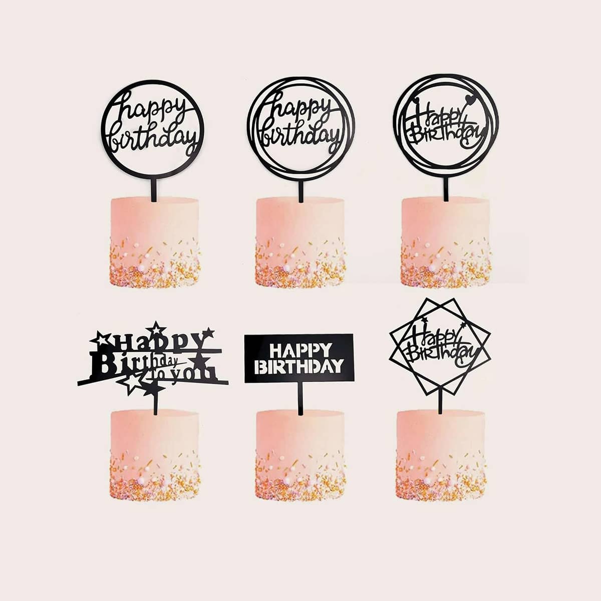 

6pcs Random Happy Birthday Cake Topper, Black