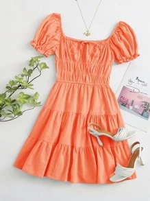 Soleia Tie Neck Ruched Bust Tiered Dress - Orange - View 1