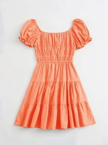 Soleia Tie Neck Ruched Bust Tiered Dress - Orange - View 2