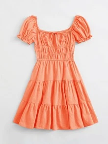 Soleia Tie Neck Ruched Bust Tiered Dress - Orange - View 3