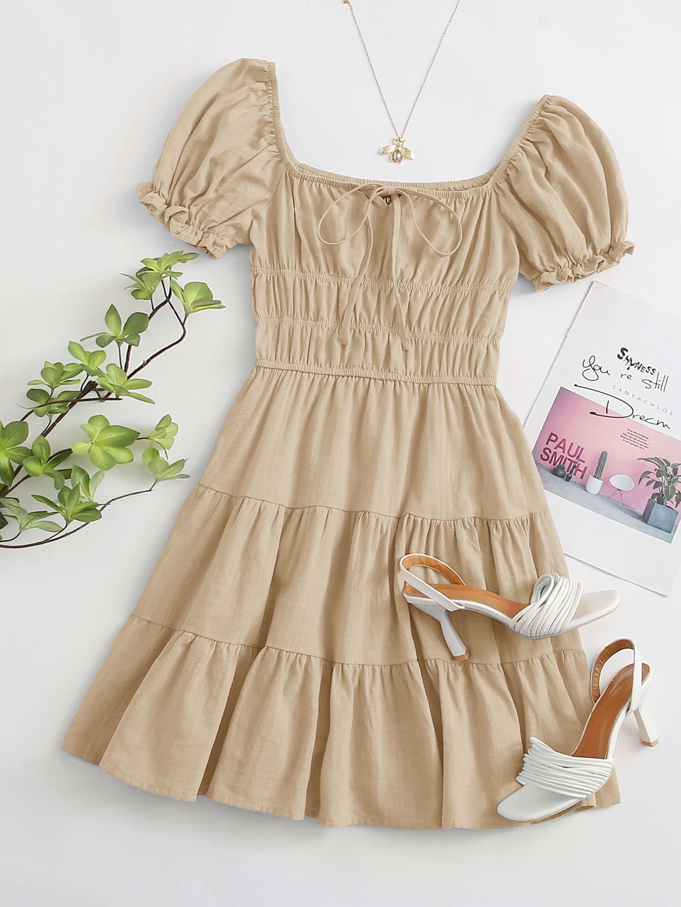 Soleia Tie Neck Ruched Bust Tiered Dress - Khaki - View 1