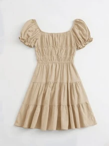 Soleia Tie Neck Ruched Bust Tiered Dress - Khaki - View 2