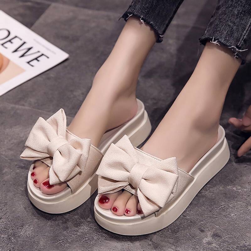 

Bow Flatform Slide Sandals, Beige