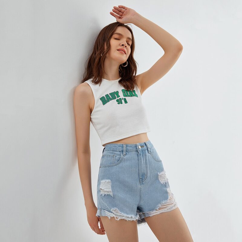 

Ripped Distressed Denim Shorts, Light wash