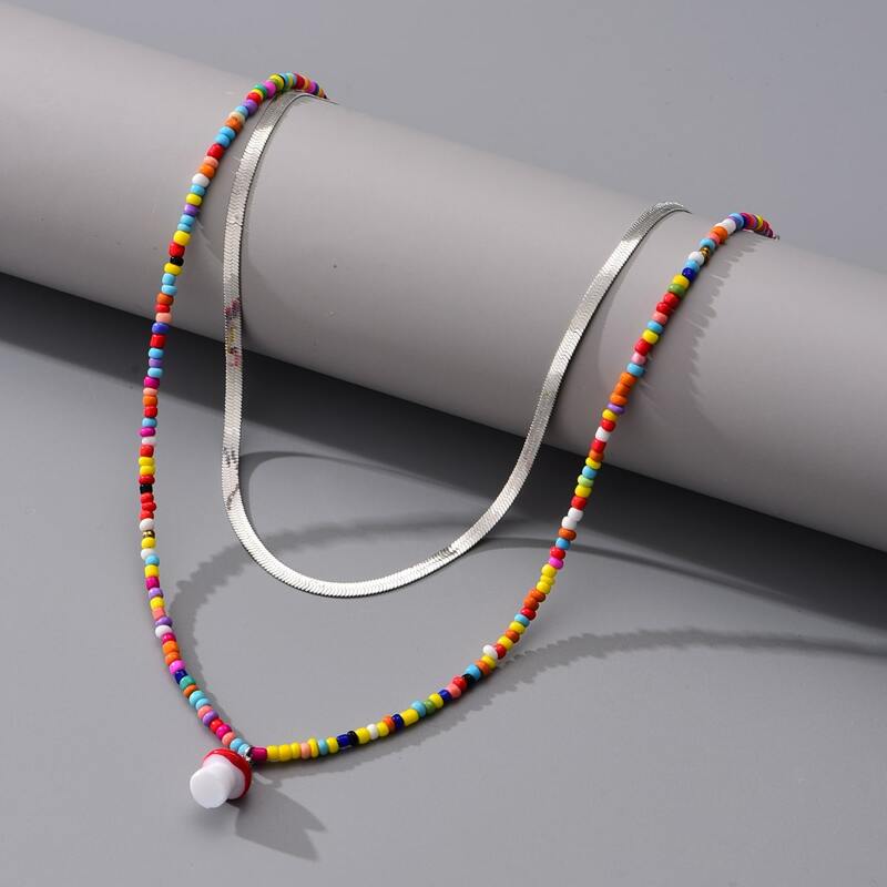 

Mushroom Layered Beaded Necklace, Multicolor