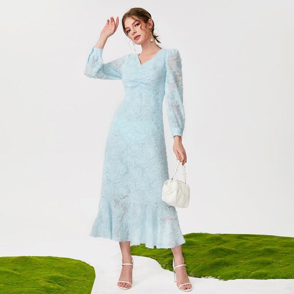

V-neck Ruffle Hem Fitted Fuzzy Dress, Baby blue