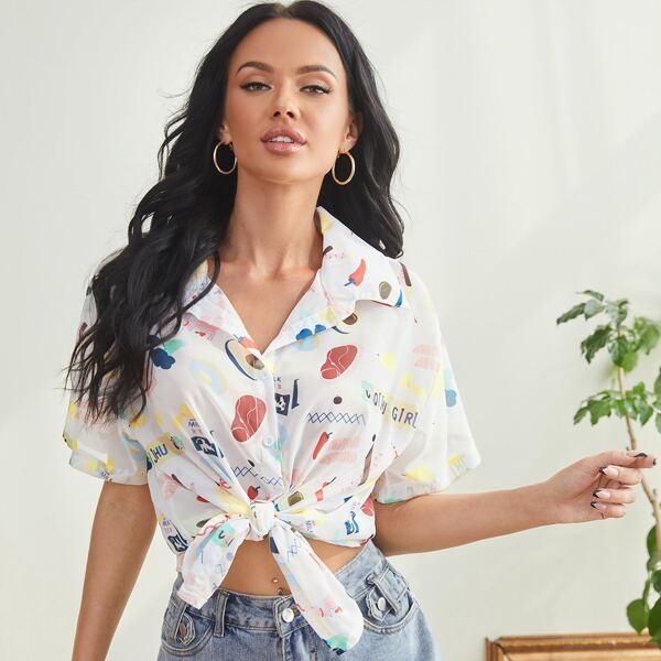

Graphic Print Rolled Sleeve Blouse, Multicolor