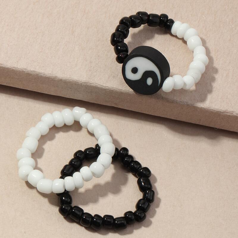 

3pcs Yin & Yang Beaded Ring, Black and white