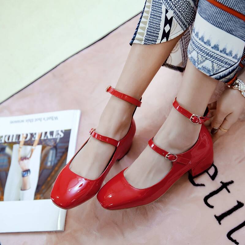 

Square Toe Ankle Strap Chunky Pumps, Red