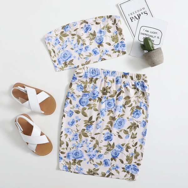 

Girls Allover Floral Print Tube Top & Skirt Set, Baby blue