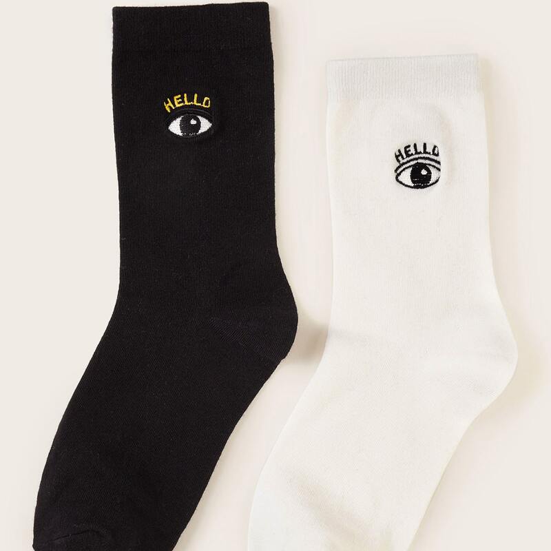 

2pairs Eye Graphic Crew Socks, Black and white