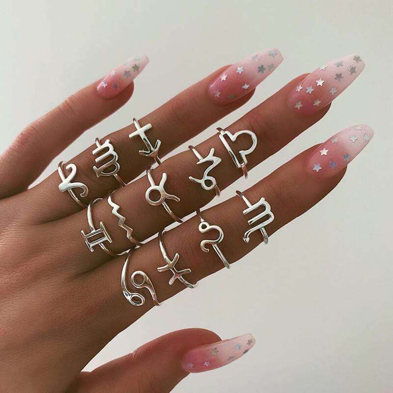 

12pcs Constellation Design Ring, Silver