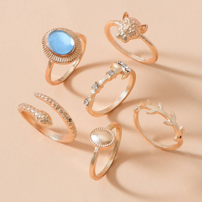 

6pcs Gemstone Decor Ring, Gold