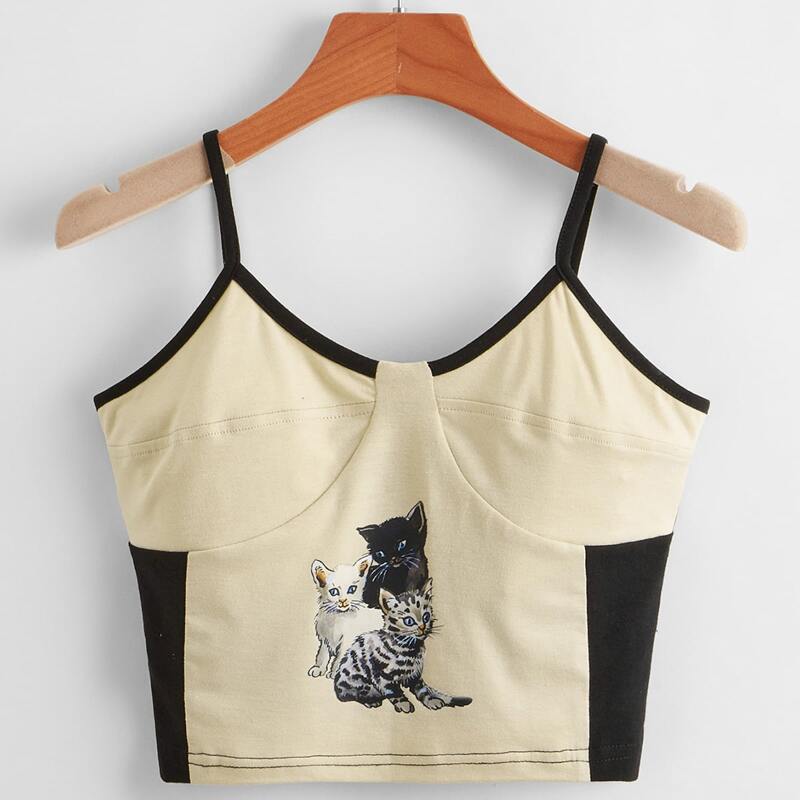 

Cat Graphic Ringer Crop Cami, Multicolor