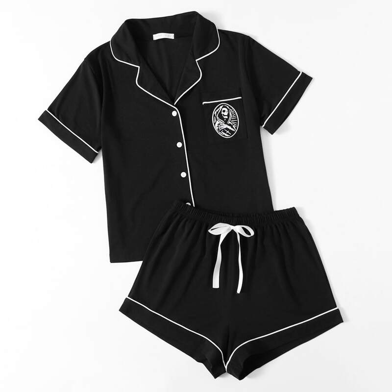 

Skull Graphic Contrast Binding Pajama Set, Black