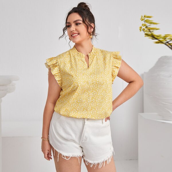 

Plus Ditsy Floral Notched Neck Blouse, Yellow