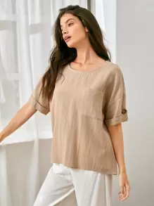 SHEIN Rolled Tab Sleeve Top - Khaki - View 1