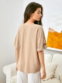 SHEIN Rolled Tab Sleeve Top - Khaki - View 2