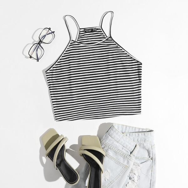

Plus Striped Print Crop Cami Top, Black and white