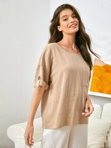 SHEIN Rolled Tab Sleeve Top - Khaki - View 3