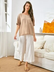 SHEIN Rolled Tab Sleeve Top - Khaki - View 4
