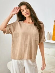 SHEIN Rolled Tab Sleeve Top - Khaki - View 5