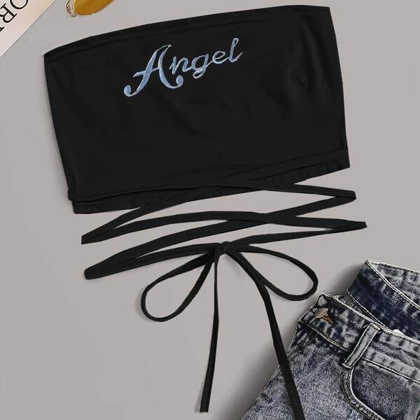 

Letter Embroidered Lace Up Knot Tube Top, Black