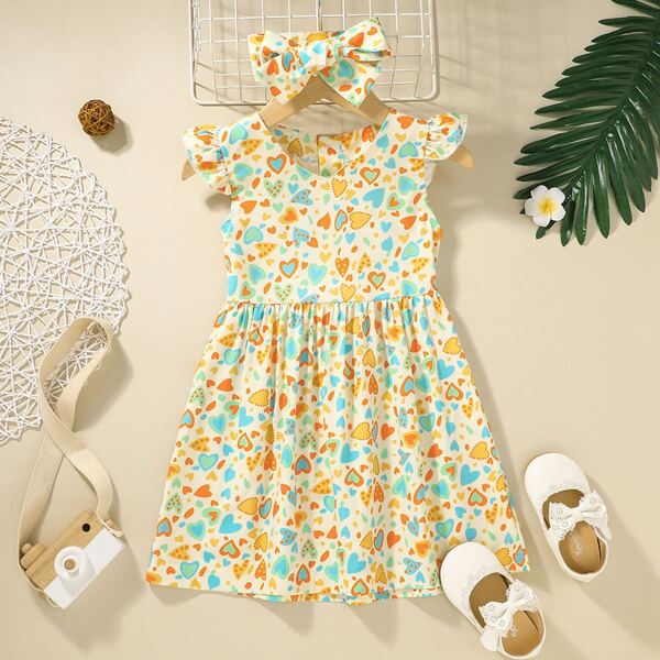 

Toddler Girls Heart Print Ruffle Trim Smock Dress & Headband, Multicolor