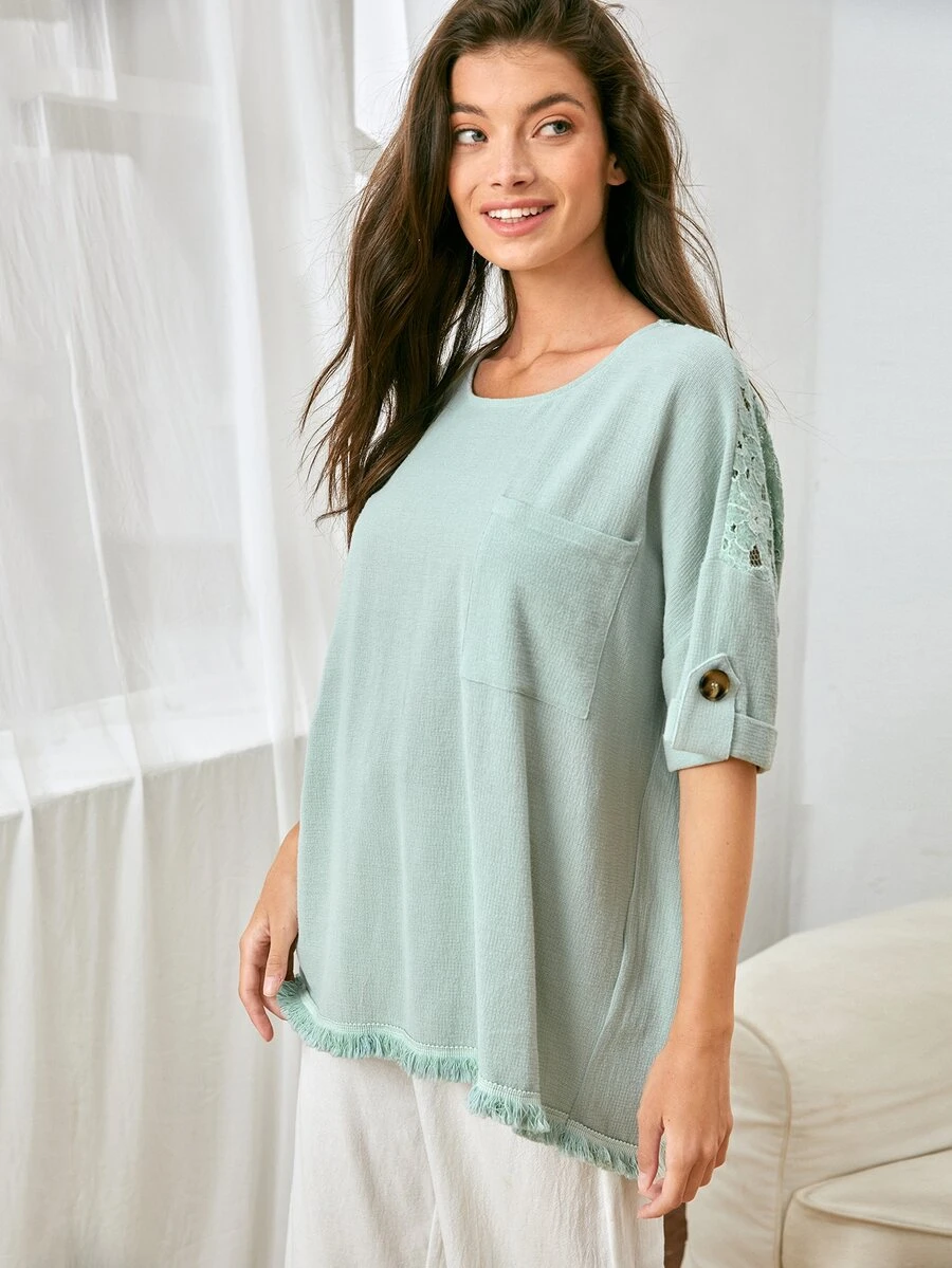 SHEIN Unity Rolled Tab Sleeve Lace Insert Fringe Hem Tee - Mint Green - View 1