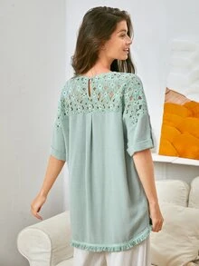SHEIN Unity Rolled Tab Sleeve Lace Insert Fringe Hem Tee - Mint Green - View 2