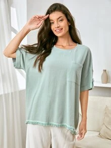 SHEIN Unity Rolled Tab Sleeve Lace Insert Fringe Hem Tee - Mint Green - View 5