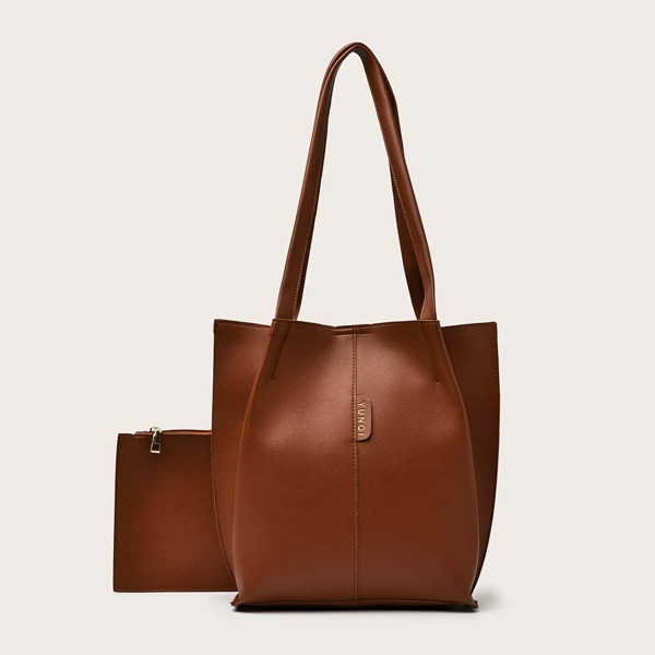 

Minimalist Shoulder Tote Bag With Pouch, Brown