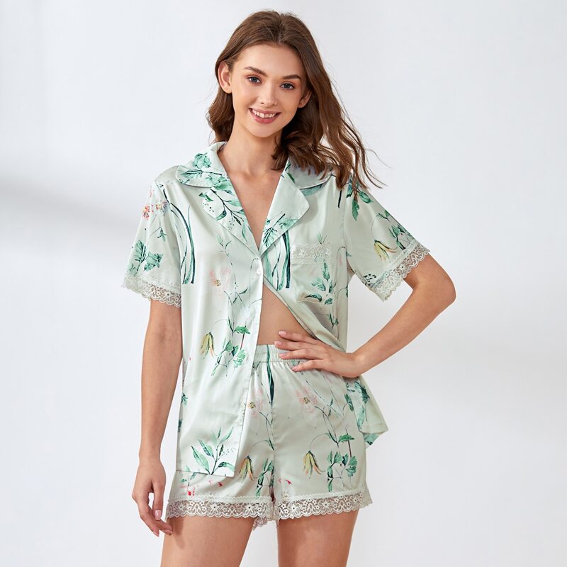 

Plants Print Lace Trim Pajama Set, Mint green