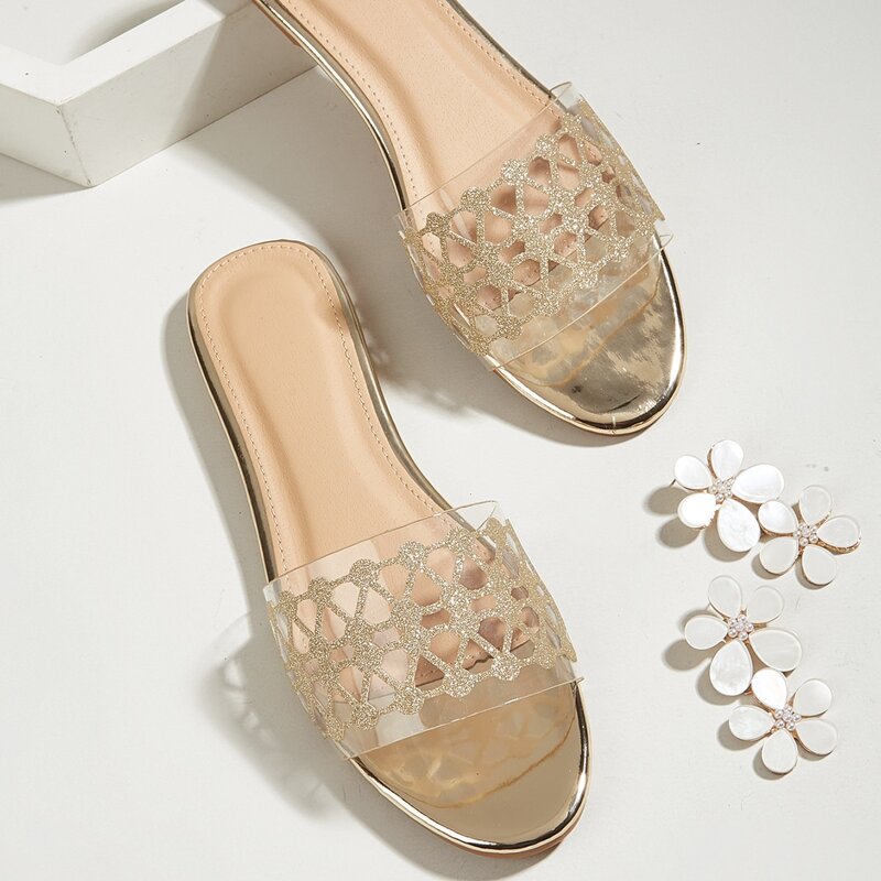 

Glitter Clear Band Slide Sandals, Gold