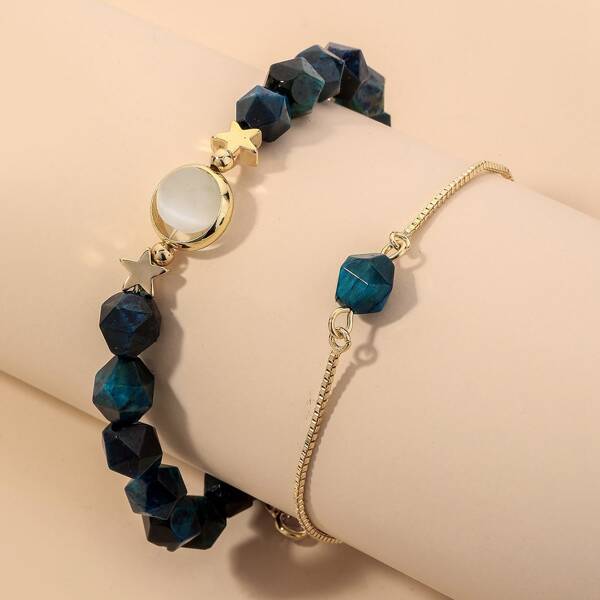 

2pcs Bead Decor Bracelet, Blue