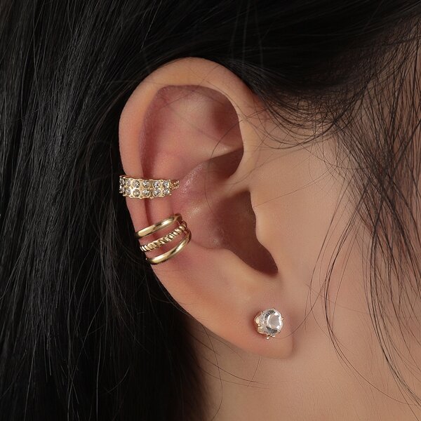 

3pcs Rhinestone Decor Earrings, Gold