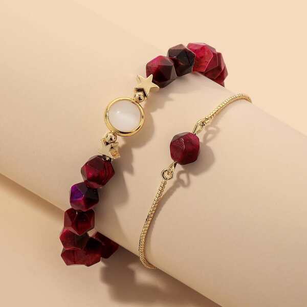 

2pcs Bead Decor Bracelet, Hot pink