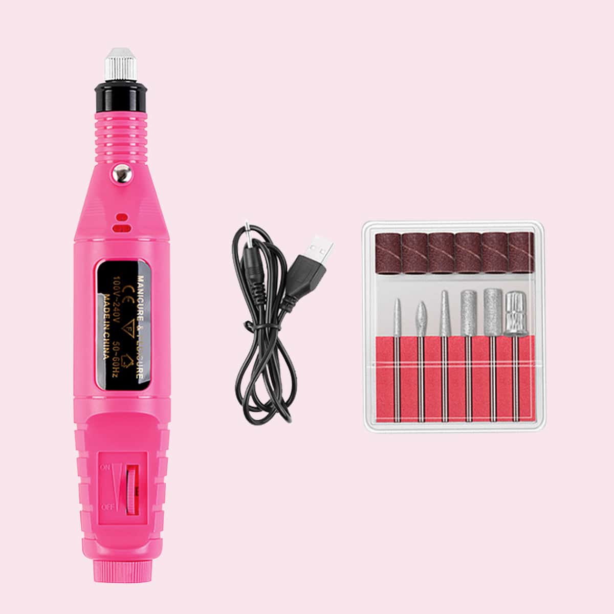 

1pc Nail Polisher With 6pcs Polishing Head, Hot pink