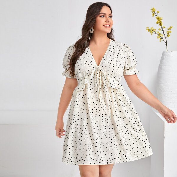 

Plus Dalmatian Print Ruffle High Waist Dress, Beige