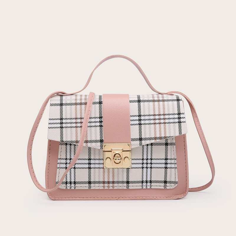 

Plaid Satchel Bag, Baby pink