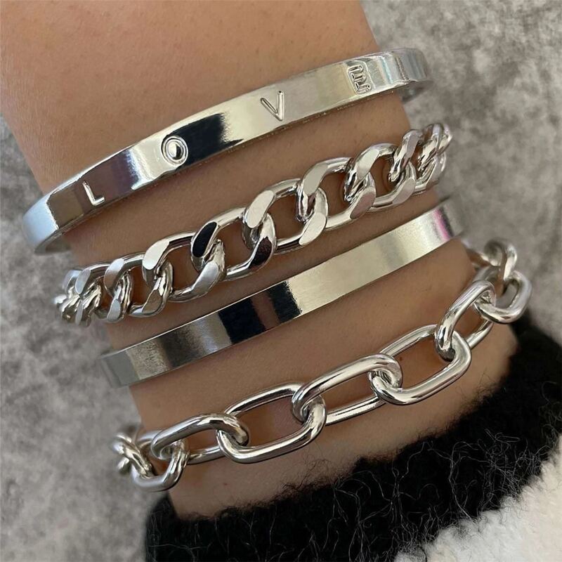 

4pcs Letter Bracelet Set, Silver