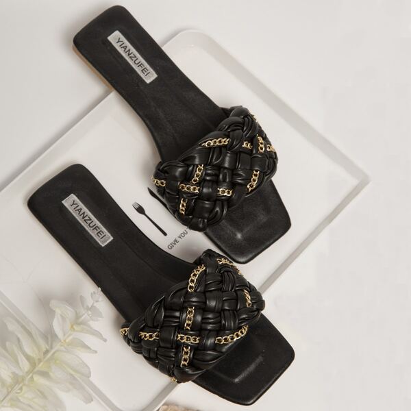 

Chain Decor Braided Slide Sandals, Black