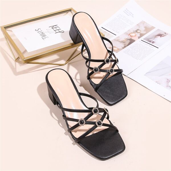 

Мюли на массивном каблуке с пряжкой и стразами, Чёрный